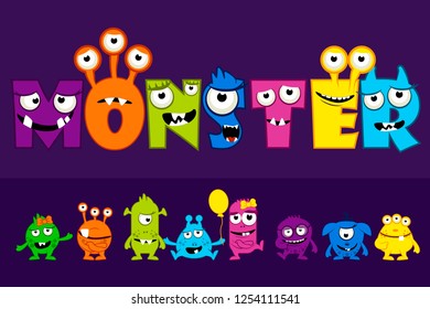 Vector collection of cute Monsters, cartoon funny monster letter set