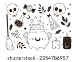 Vector collection of cute outline halloween doodles. Hand drawn magic and witch elements. Line drawings of  cauldron, skull, broom, candles, potion. Sketch witchcraft clipart