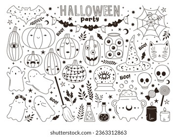 Vector collection of cute outline halloween doodles. Hand drawn magic characters. Line drawings of bat, pumpkin, ghost, witch hat, cauldron, skull. Sketch elements for card, poster, invitation design