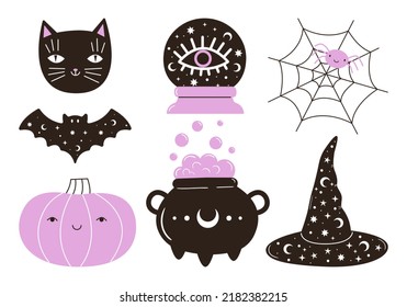 Vector collection of cute pastel halloween doodles. Hand drawn magic characters for kids. Bat, pumpkin, black cat, witch hat, cauldron elements for card, poster, invitation design