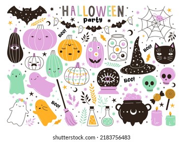 Vector collection cute pastel halloween doodles  Hand drawn magic characters for kids  Bat  pumpkin  ghost  witch hat  cauldron  skull elements for card  poster  invitation design