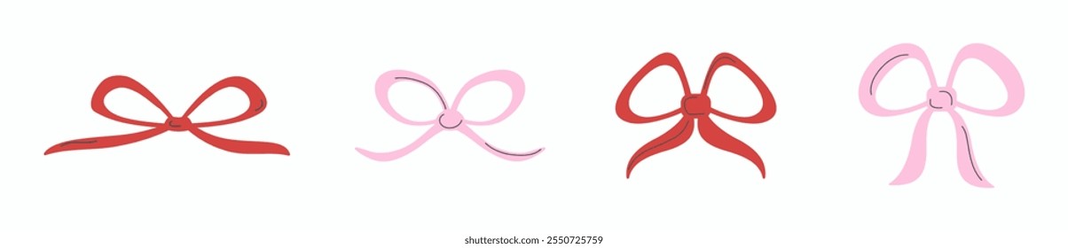 Vector collection of cute pink and red bows isolated on light background. Holiday decorations for invitations, gift cards, festive designs, etc.