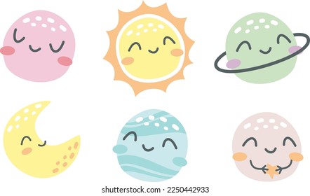 Vector collection of cute planets with faces. Moon, Mercury, Pluto, Crescent Moon. Illustrations for children's products 