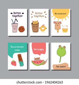 Vector collection of cute posters with food and animals. Postcard with adorable objects on background. Set of rectangle gift tag, card, postcard. Lovely, funny, food. Sweet animals