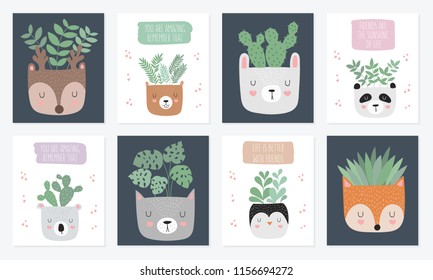 Vector collection of cute posters with house plants in funny animal pots. Postcard with adorable objects on background, pastel colors. Valentine's day, anniversary, baby shower, birthday
