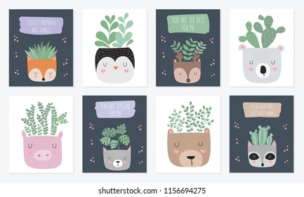 Vector collection of cute posters with house plants in funny animal pots. Postcard with adorable objects on background, pastel colors. Valentine's day, anniversary, baby shower, birthday
