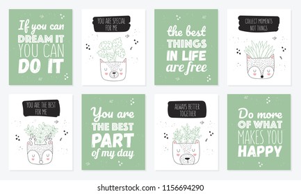 Vector collection of cute posters with house plants in funny animal pots. Postcard with adorable objects on background, pastel colors. Valentine's day, anniversary, baby shower, birthday
