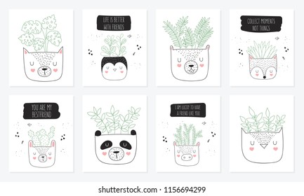 Vector collection of cute posters with house plants in funny animal pots. Postcard with adorable objects on background, pastel colors. Valentine's day, anniversary, baby shower, birthday
