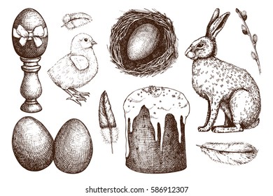 Vector collection of cute retro illsutrations for easter design. Happy Easter Day design elements. Vintage hand drawn sketch set.