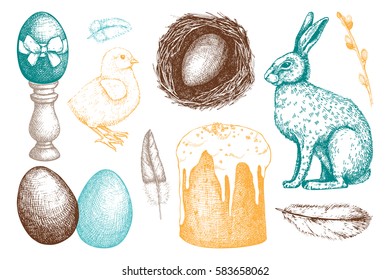 Vector collection of cute retro illustrations for easter design. Happy Easter Day design elements. Vintage hand drawn sketch set 