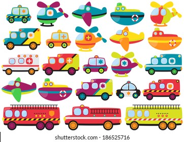 Vector Collection of Cute or Retro Style Emergency Rescue Vehicles