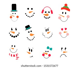 Vector Collection of Cute Snowman Faces. Vector snowman set. Funny cartoon faces with emotions and hats, heart, scarf,bow. Snowman emoticons.