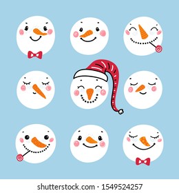 Vector Collection of Cute Snowman Faces. Cartoon Funny Hand Drawn Doodle Snowman Head Face with Different Emotions Set. Winter Holidays, Christmas and New Year Design