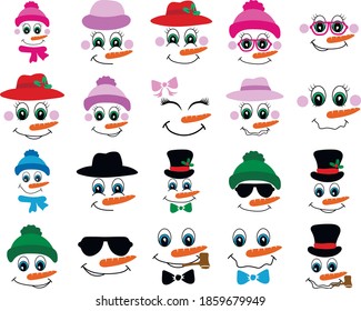 Vector Collection of Cute Snowman and Snowman girl Faces. Big eyes, carrot nose svg