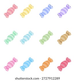 Vector collection of cute striped candies in soft pastel colors. Perfect for textile patterns, birthday party decor, sweet shop branding, stickers, and creative digital art projects
