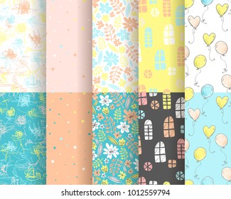 Vector collection of cute stylish seamless patterns for backgrounds, scrapbooking and decorations. Yellow and blue colors