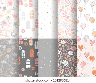 Vector collection of cute stylish seamless patterns for backgrounds, scrapbooking and decorations. Pink and gray colors