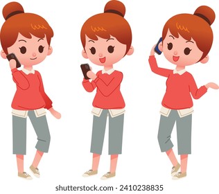Vector collection of cute teenager girls characters in stylish clothing. Female characters in difference  poses , talking on mobile phone. Isolated on white background