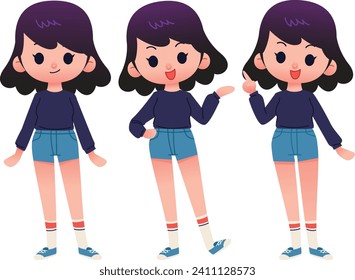 Vector collection of cute teenager girls characters in stylish clothing. Female characters in speaking difference  poses , standing on white background