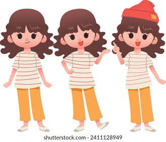 Vector collection of cute teenager girls characters in stylish clothing. Female characters in speaking difference  poses , standing on white background