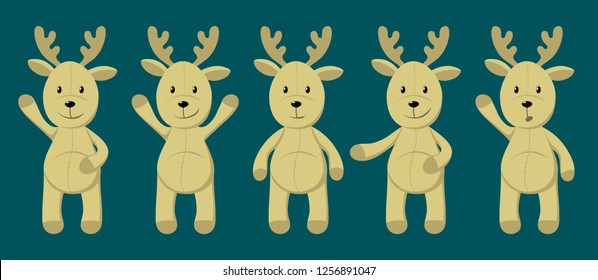 Vector collection of cute toy deer for your design. Print for kids, baby. Set of deer in different poses. Santa Claus assistants.