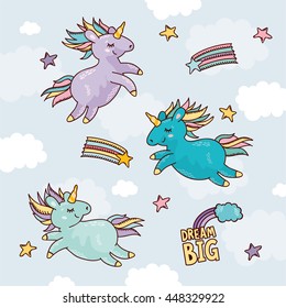 Vector collection with cute unicorns. Amazing hand drawn illustration in pastel colours. Magic rainbow, clouds and stars. Dream big.