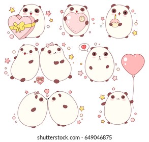 Vector collection of cute valentine pandas with different emotions in kawaii style. EPS8