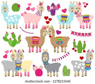 Vector Collection of Cute Valentine's Day Themed Llamas