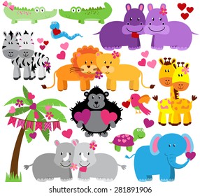 Vector Collection of Cute Valentine's Day or Love Themed Zoo Animals
