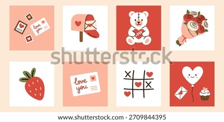 Vector collection of cute Valentines Day illustrations and mini posters. Bear, bouquet, heart balloon, tic tac toe, mail, postcard, cupcake, strawberry, romantic stamps and mailbox.