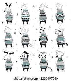 Vector collection of cute winter animals in cozy sweater. Doodle illustration. Winter holidays, baby shower, birthday, children's party, Valentine’s 