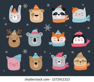 Vector collection of cute winter animals. Collection of Christmas and New Year stickers.  Cartoon doodle isolated illustration. Winter holidays, baby shower, birthday, children's party