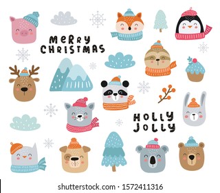 Vector collection of cute winter animals. Collection of Christmas and New Year stickers.  Cartoon doodle isolated illustration. Winter holidays, baby shower, birthday, children's party