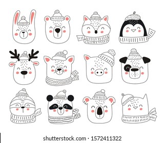 Vector collection of cute winter animals. Collection of Christmas and New Year stickers.  Cartoon doodle isolated illustration. Winter holidays, baby shower, birthday, children's party