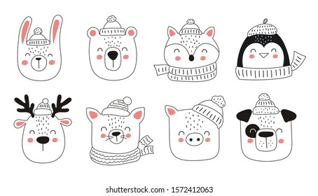 Vector collection of cute winter animals. Collection of Christmas and New Year stickers.  Cartoon doodle isolated illustration. Winter holidays, baby shower, birthday, children's party