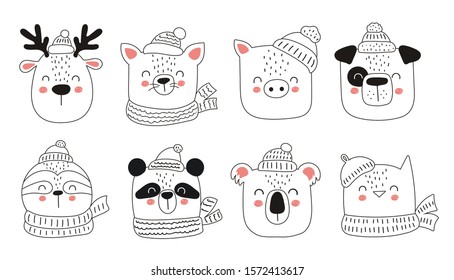 Vector collection of cute winter animals. Collection of Christmas and New Year stickers.  Cartoon doodle isolated illustration. Winter holidays, baby shower, birthday, children's party