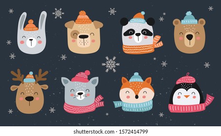 Vector collection of cute winter animals. Collection of Christmas and New Year stickers.  Cartoon doodle isolated illustration. Winter holidays, baby shower, birthday, children's party