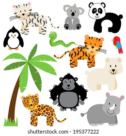Vector Collection of Cute Zoo, Jungle or Wild Animals