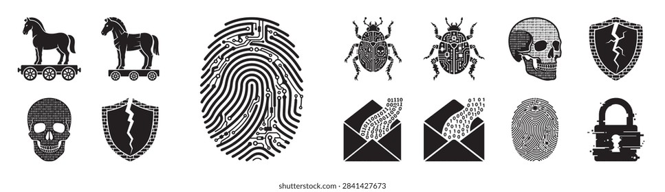 vector collection of cyber security and hacking icons including trojan horse digital fingerprint computer bug skull and broken shield on transparent background