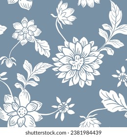 Vector collection of dahlias. Hand drawn vector illustration of flowers on blue background. For decoration invitations, tattoo, greeting cards and another print.

