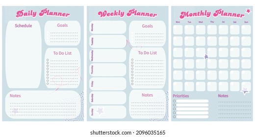 Vector collection of daily weekly monthly planner printable template with retro pink ellements and blue background. Collection of note paper, to do list, stickers. Blank white notebook page A4