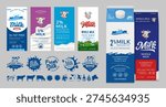 Vector collection for dairy industry branding with milk carton mockups, label templates, logos, and icons. Featuring cute cow illustrations, milk splash badges, and minimalist cattle silhouettes for farm-fresh products, organic dairy brands, and grocery store packaging. The designs cover different milk types, including 0% fat-free, 1%, 2%, and 100% pure whole milk