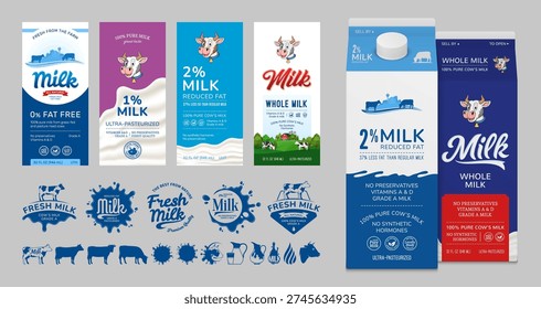 Vector collection for dairy industry branding with milk carton mockups, label templates, logos, and icons. Featuring cute cow illustrations, milk splash badges, and minimalist cattle silhouettes for farm-fresh products, organic dairy brands, and grocery store packaging. The designs cover different milk types, including 0% fat-free, 1%, 2%, and 100% pure whole milk