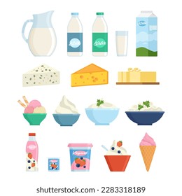 Vector collection of dairy products in flat style including milk, butter, cheese, yogurt, cottage cheese, sour cream, ice cream, cream, isolated on white