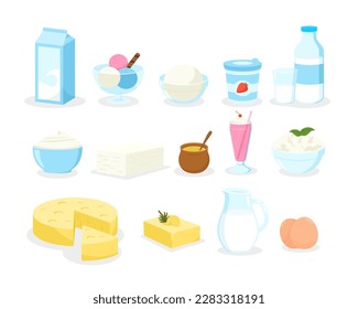 Vector collection of dairy products in flat style including milk, butter, cheese, yogurt, cottage cheese, sour cream, ice cream, cream, isolated on white