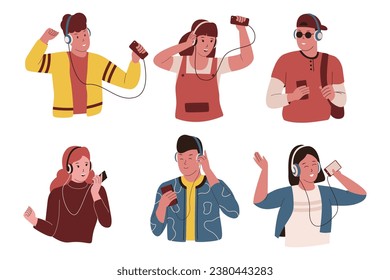 Vector collection of dancing people with headphone. Character people. vector flat illustration