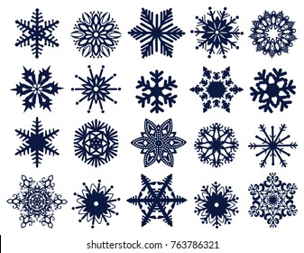 Vector collection of dark blue snowflakes isolated on white background. Suitable as a decor, for creativity, decoupage, handmade.
