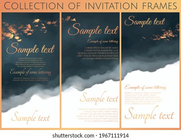 colección vectorial de invitación estilizada azul oscuro con acuarela de imitación y textura dorada de color naranja brillante