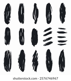 Vector collection of dark handmade brush strokes isolated on white background. Simplicity and raw texture, visually compelling design element. Brush strokes vary in shape and size for various projects