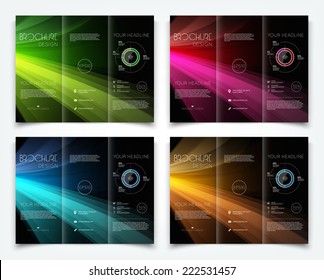 Vector collection of dark tri-fold brochure design templates with colorful smooth light beams background 